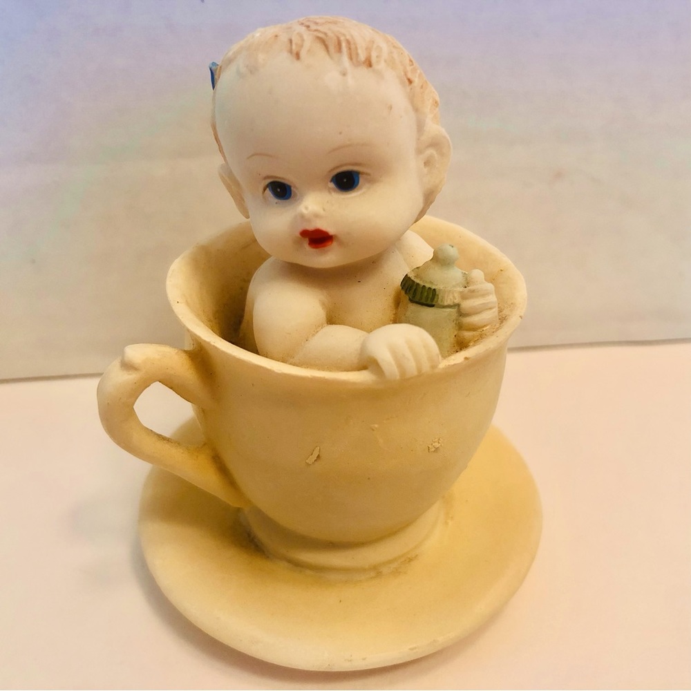Vintage Bisque Ceramic Baby in a Teacup Figurine, Exc. Cond. 3 1/2” H x 2 1/2”W